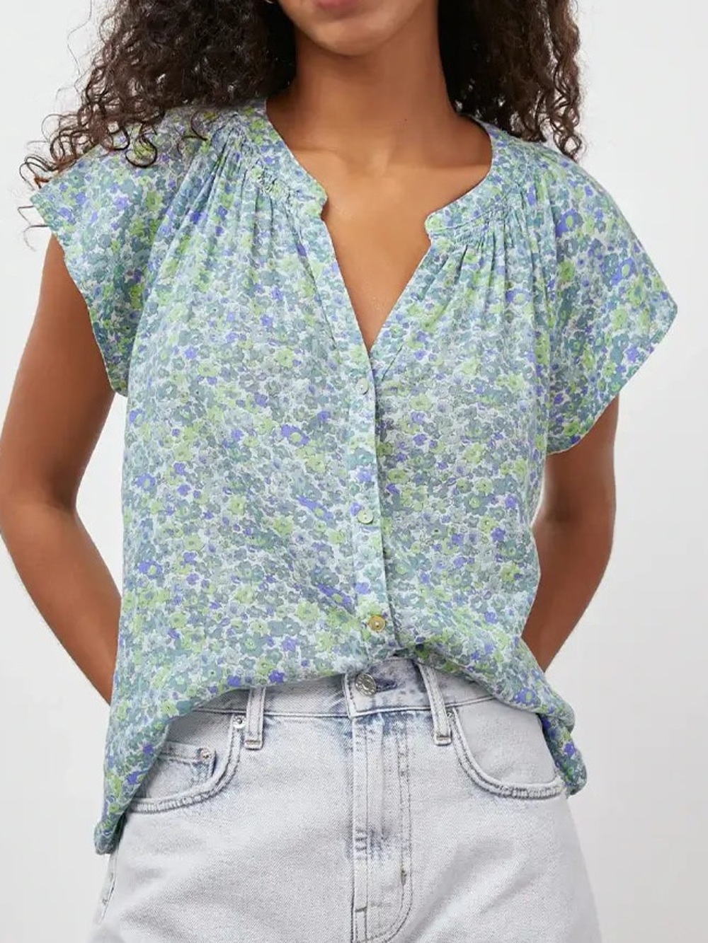 RAILS Alena Blue Green Wildflower Linen Flutter Sleeve Top Casual Summer Size S